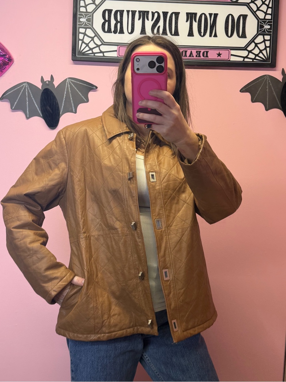 Y2K Womens Dialogue Brown Leather Jacket Quilted Coat lined Size large
